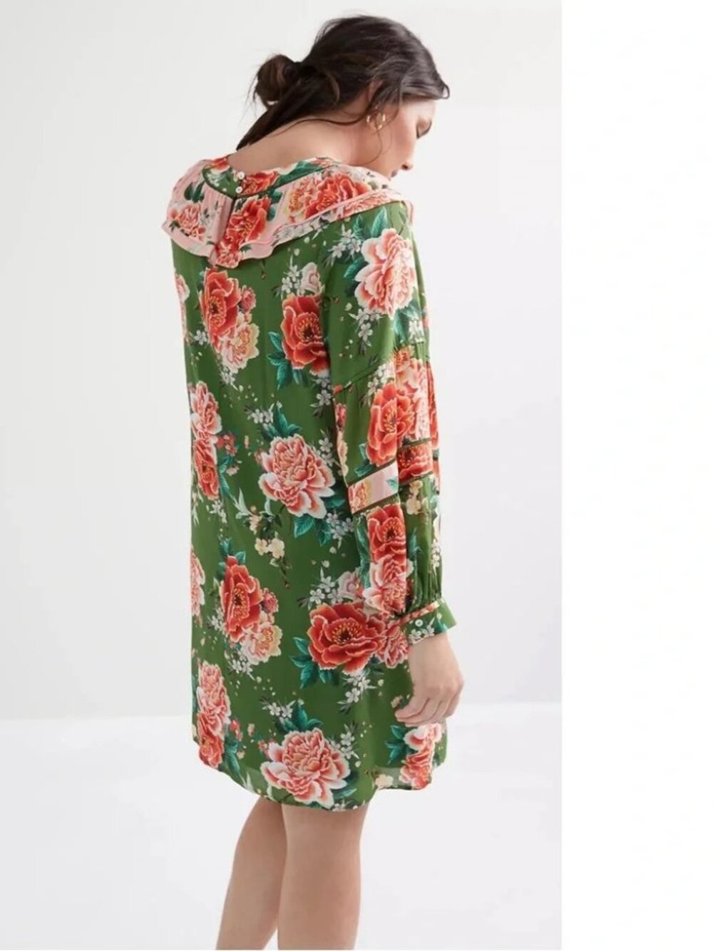 Anthropologie FARM RIO Elinor Floral Green & Peach Ruffle Colorful Tunic Dress - Picture 6 of 12